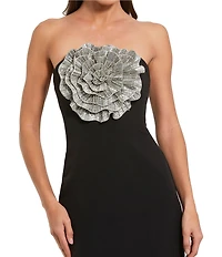 Mac Duggal Strapless 3D Rhinestone Flower Crepe Column Gown