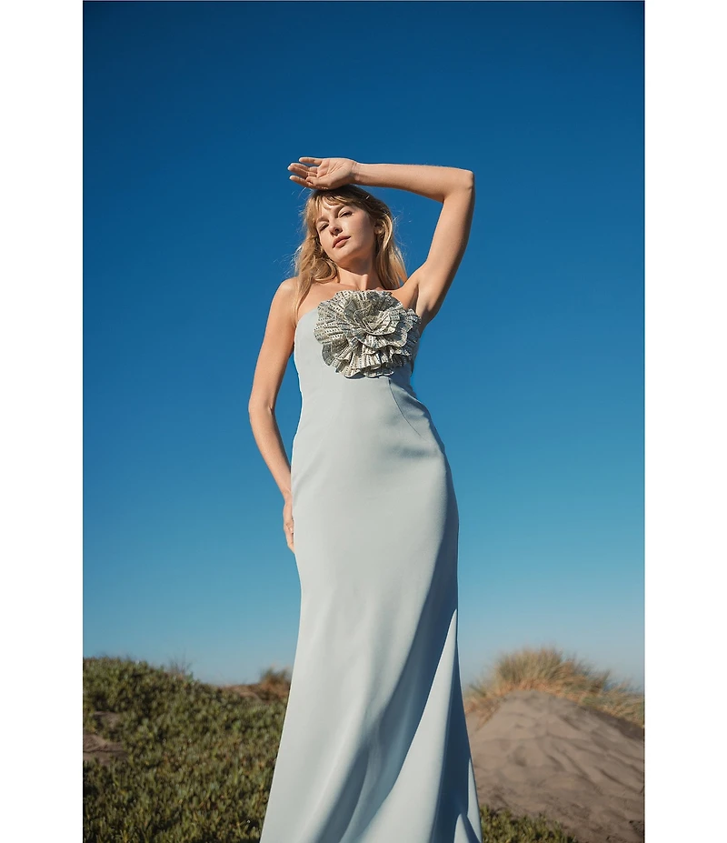 Mac Duggal Strapless 3D Rhinestone Flower Crepe Column Gown