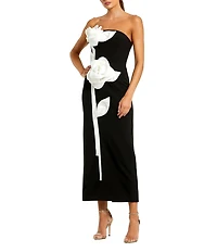 Mac Duggal Strapless 3D Satin Flowers Crepe Sheath Ankle Midi Dress