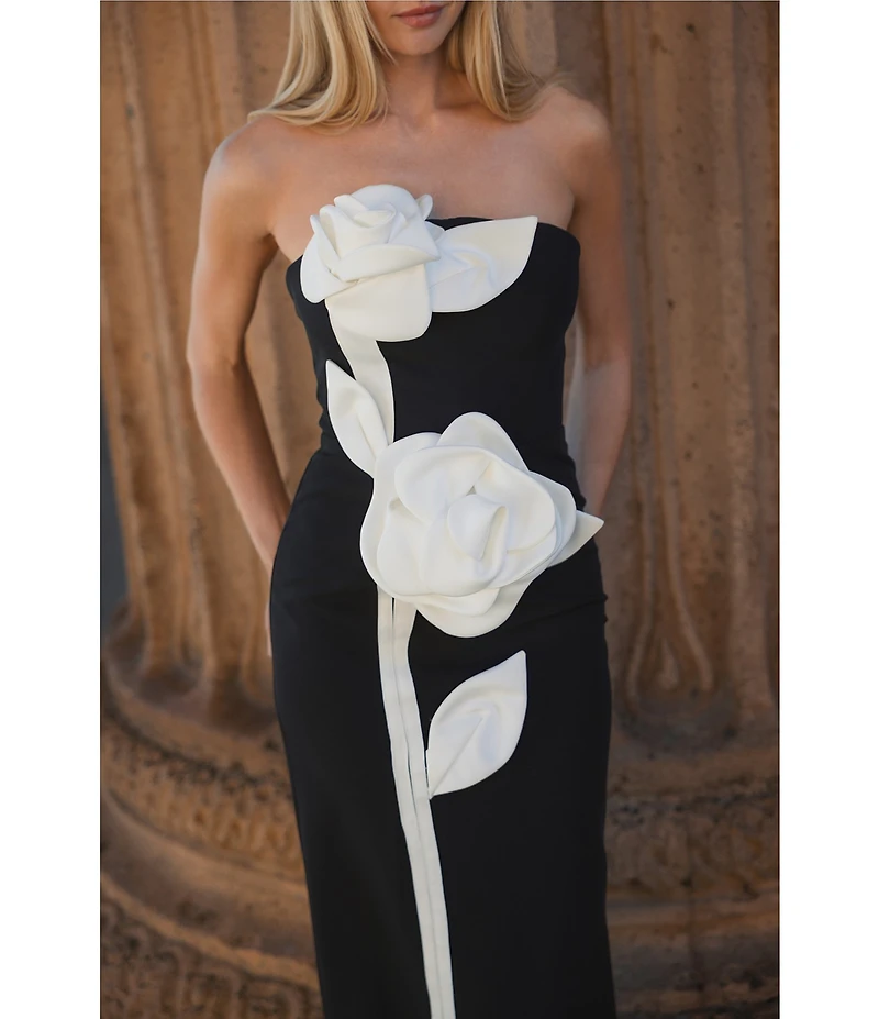 Mac Duggal Strapless 3D Satin Flowers Crepe Sheath Ankle Midi Dress
