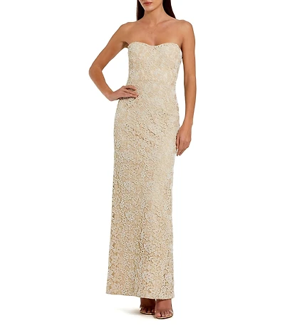 Mac Duggal Strapless Beaded Lace Fitted Column Gown