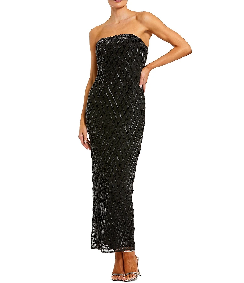 Mac Duggal Strapless Beaded Mesh Ankle Length Dress