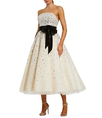 Mac Duggal Strapless Beaded Tulle Bow Tea Length Dress