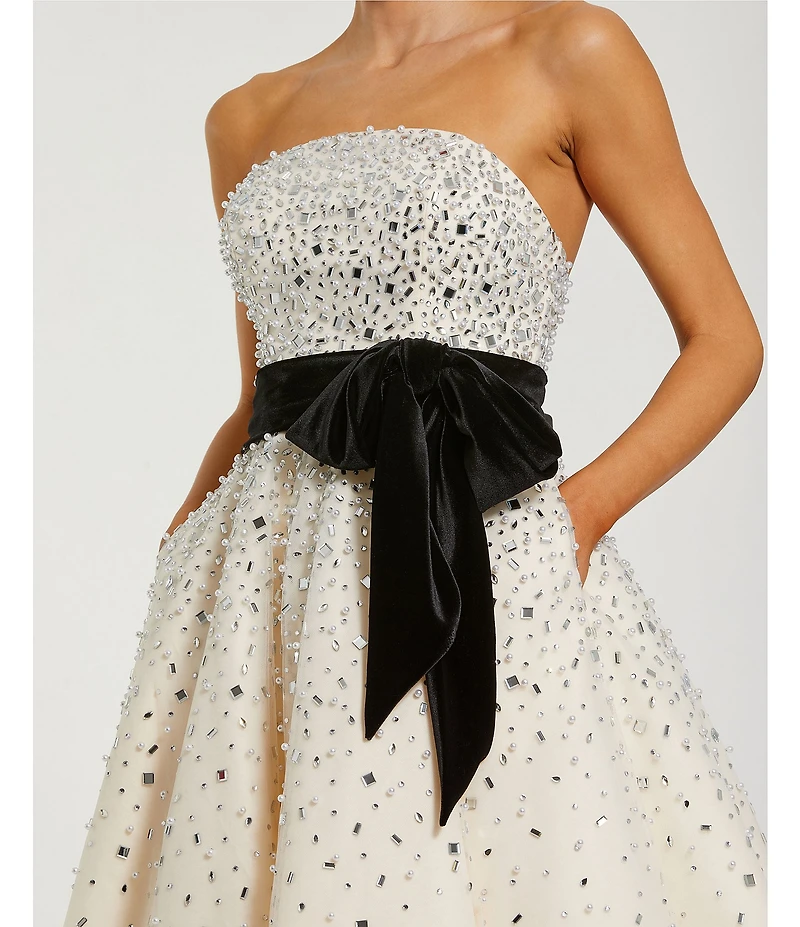 Mac Duggal Strapless Beaded Tulle Bow Tea Length Dress