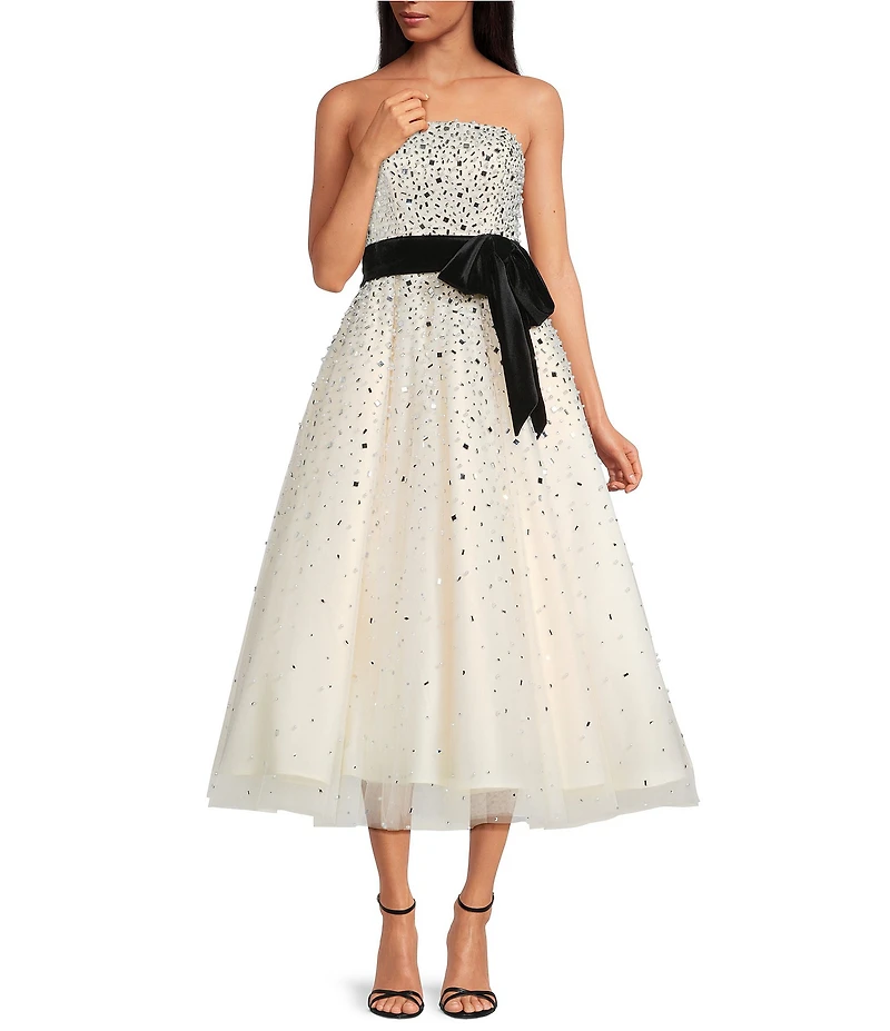 Mac Duggal Strapless Beaded Tulle Bow Tea Length Dress