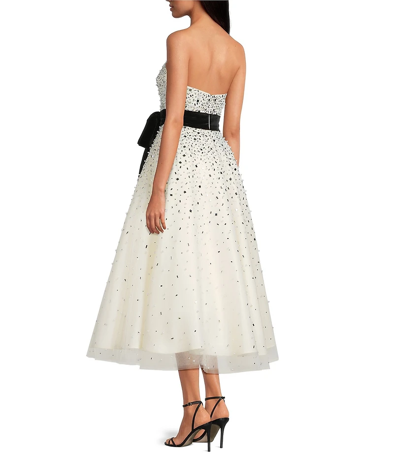 Mac Duggal Strapless Beaded Tulle Bow Tea Length Dress