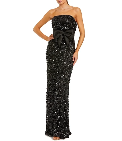 Mac Duggal Strapless Belted Bow Sequin Dress
