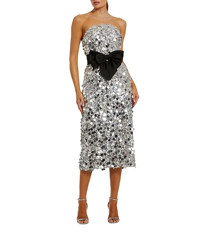 Mac Duggal Strapless Belted Bow Sequin Midi Dress