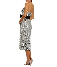 Mac Duggal Strapless Belted Bow Sequin Midi Dress