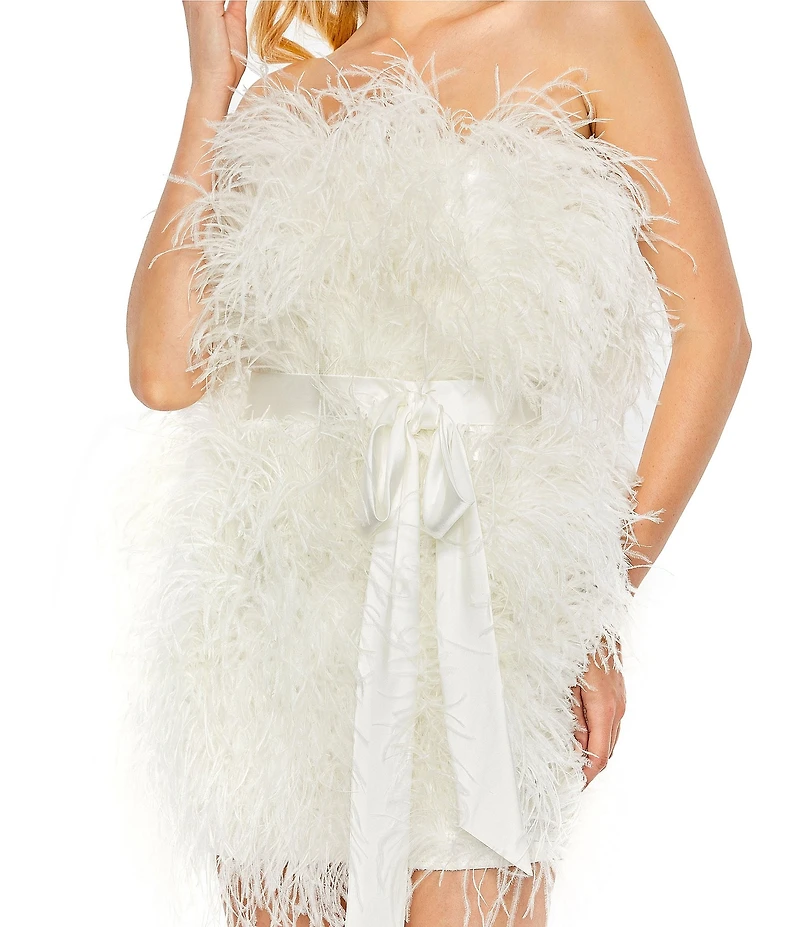Mac Duggal Strapless Belted Feather Mini Dress