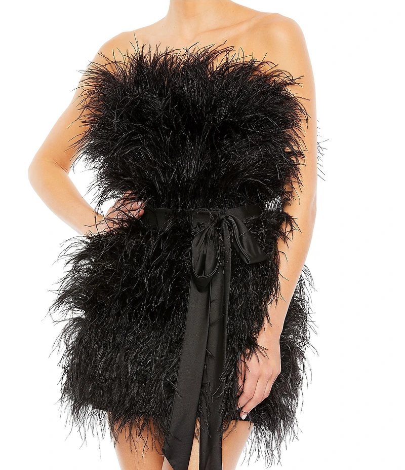 Mac Duggal Strapless Belted Feather Mini Dress