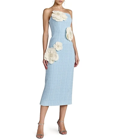 Mac Duggal Strapless Boucle Fitted Midi Dress With 3D Flowers