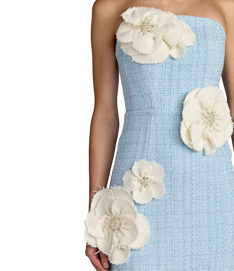 Mac Duggal Strapless Boucle Fitted Midi Dress With 3D Flowers
