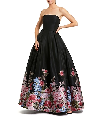Mac Duggal Strapless Box Pleated Floral Brocade Ballgown