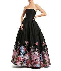 Mac Duggal Strapless Box Pleated Floral Brocade Ballgown