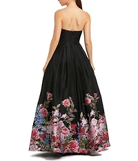 Mac Duggal Strapless Box Pleated Floral Brocade Ballgown