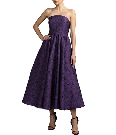 Mac Duggal Strapless Brocade A Line Midi Dress