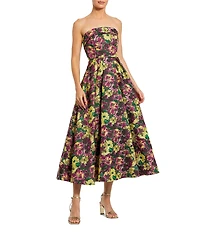 Mac Duggal Strapless Brocade Floral Midi Dress