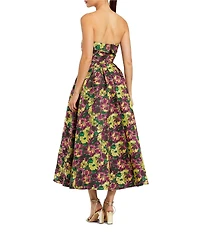 Mac Duggal Strapless Brocade Floral Midi Dress