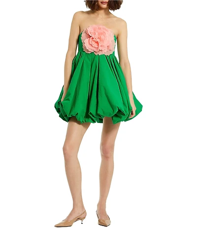 Mac Duggal Strapless Bubble Hem & Floral Applique Mini Dress