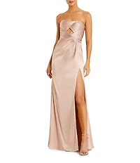 Mac Duggal Strapless Charmeuse Wrap Gown With Cutout Detail and Train