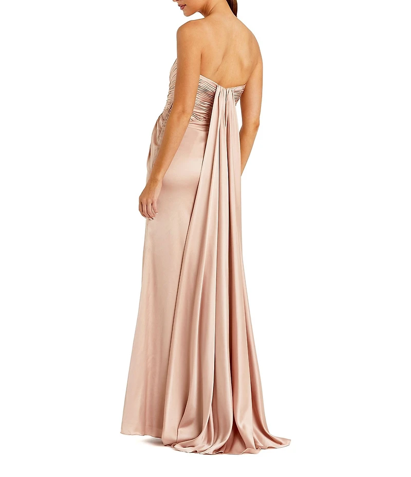 Mac Duggal Strapless Charmeuse Wrap Gown With Cutout Detail and Train