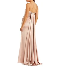 Mac Duggal Strapless Charmeuse Wrap Gown With Cutout Detail and Train