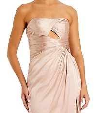 Mac Duggal Strapless Charmeuse Wrap Gown With Cutout Detail and Train