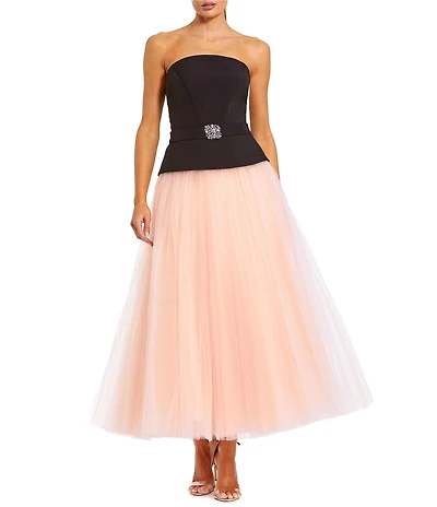 Mac Duggal Strapless Crepe Dress With Tulle Long Skirt