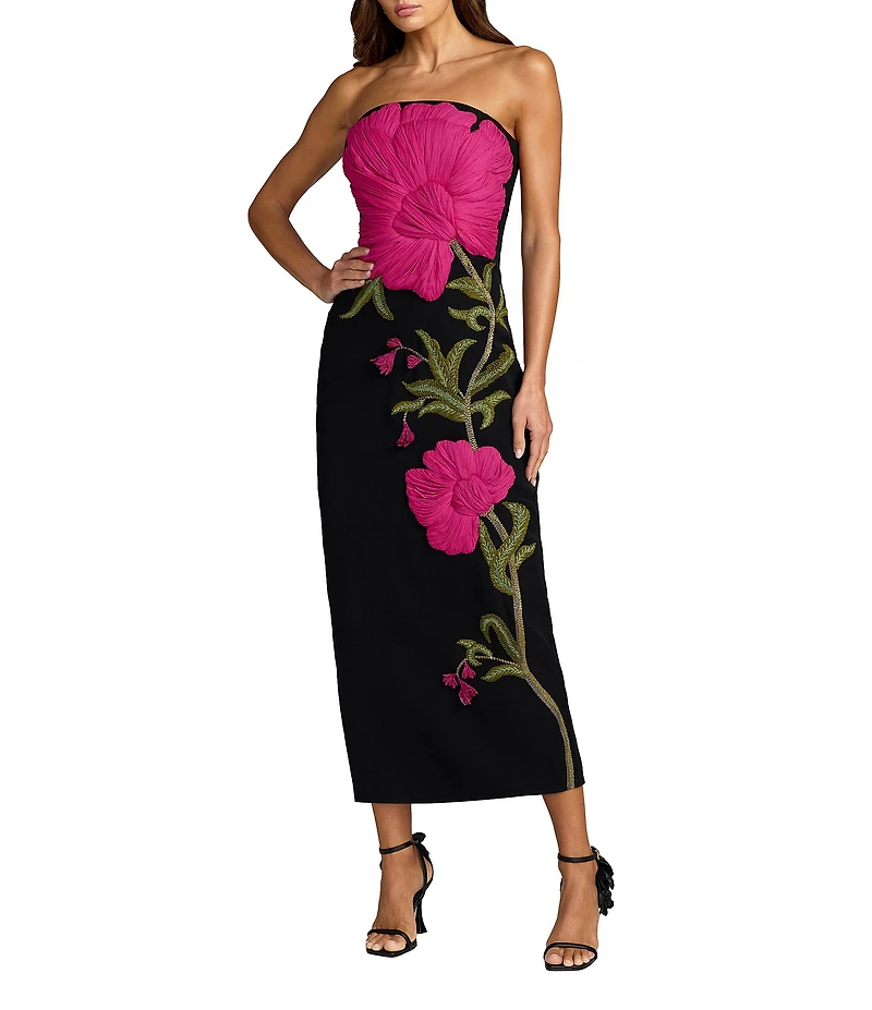 Mac Duggal Strapless Crepe Fitted Midi Dress With Flower Motif