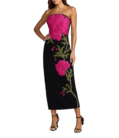 Mac Duggal Strapless Crepe Fitted Midi Dress With Flower Motif