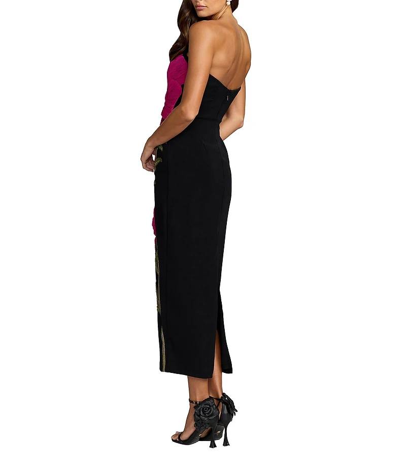 Mac Duggal Strapless Crepe Fitted Midi Dress With Flower Motif