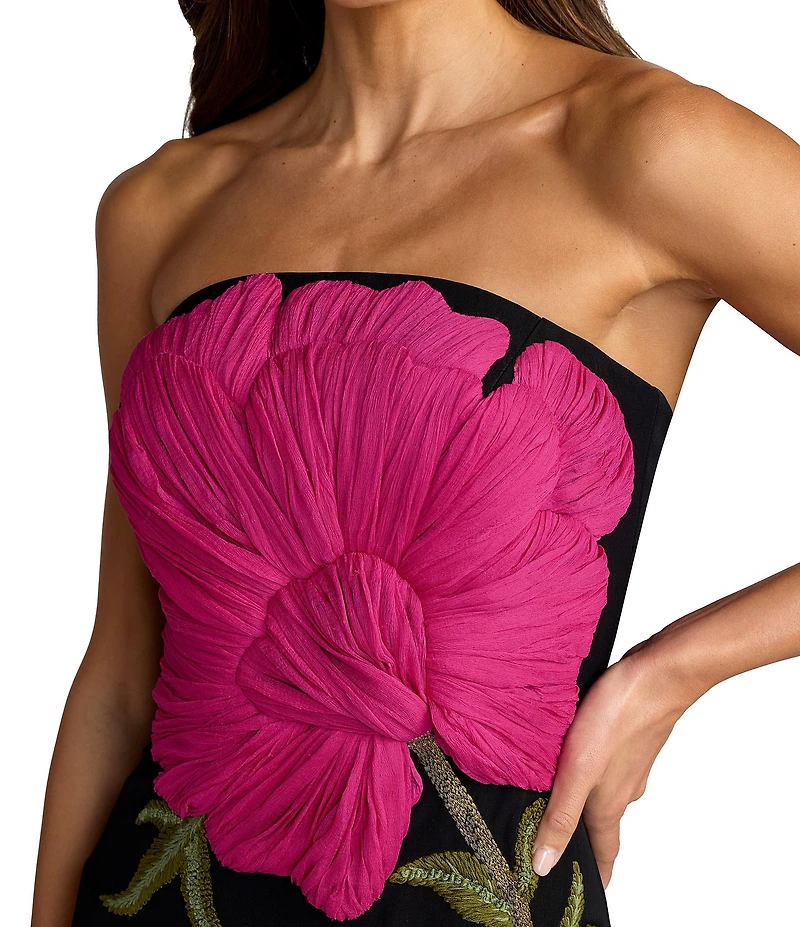 Mac Duggal Strapless Crepe Fitted Midi Dress With Flower Motif