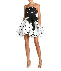 Mac Duggal Strapless Dotted Bow Bubble Hem Mini Dress