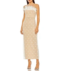 Mac Duggal Strapless Embellished Feather Trim Neckline Midi Dress