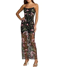 Mac Duggal Strapless Embroidered Sheer Skirt Ankle Dress