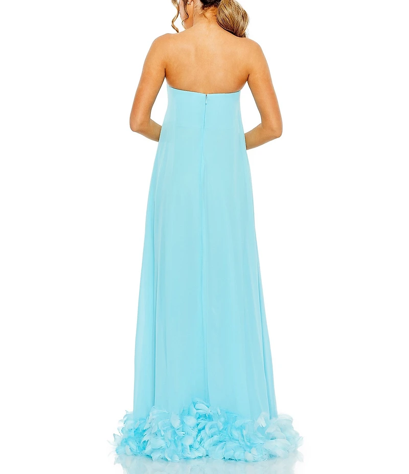 Mac Duggal Strapless Flare Feather Hem Gown