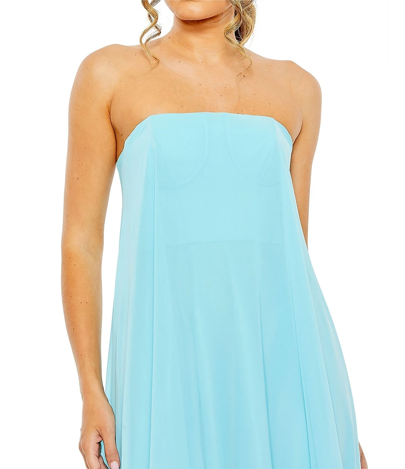Mac Duggal Strapless Flare Feather Hem Gown
