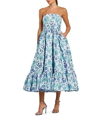 Mac Duggal Strapless Floral Brocade Ruffle Hem Fit & Flare Midi Dress