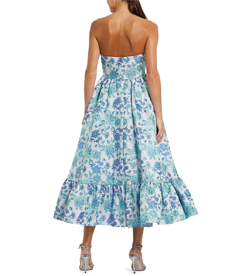 Mac Duggal Strapless Floral Brocade Ruffle Hem Fit & Flare Midi Dress