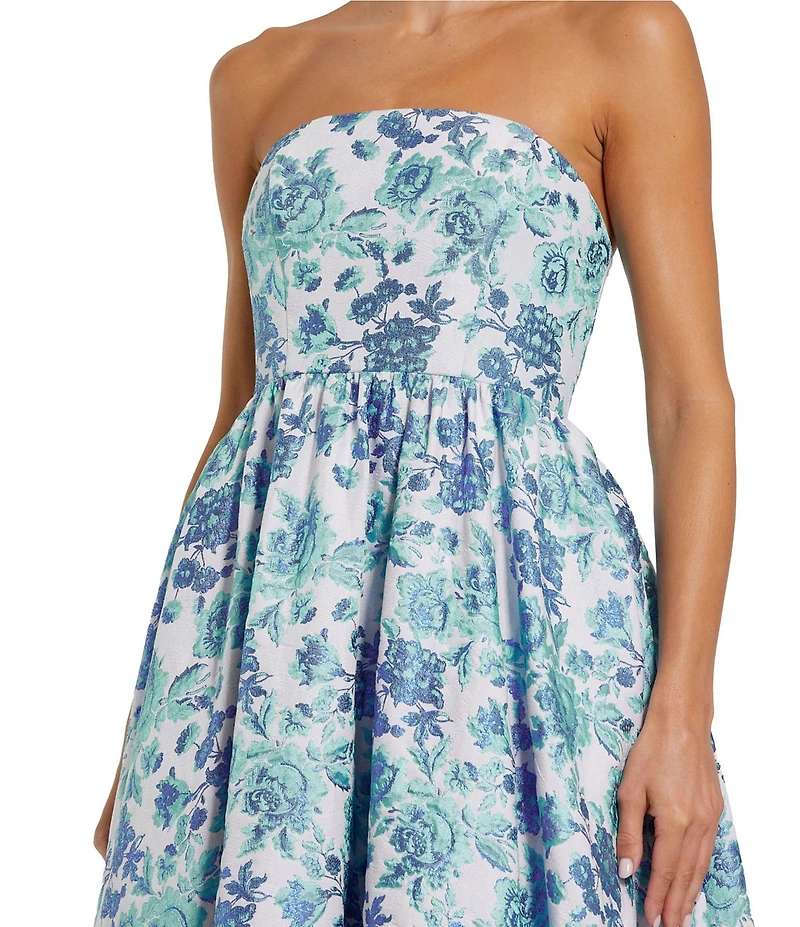 Mac Duggal Strapless Floral Brocade Ruffle Hem Fit & Flare Midi Dress