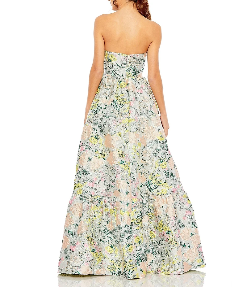 Mac Duggal Strapless Floral Brocade Tiered Ball Gown