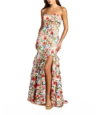 Mac Duggal Strapless Floral Charmeuse Ruffle Gown