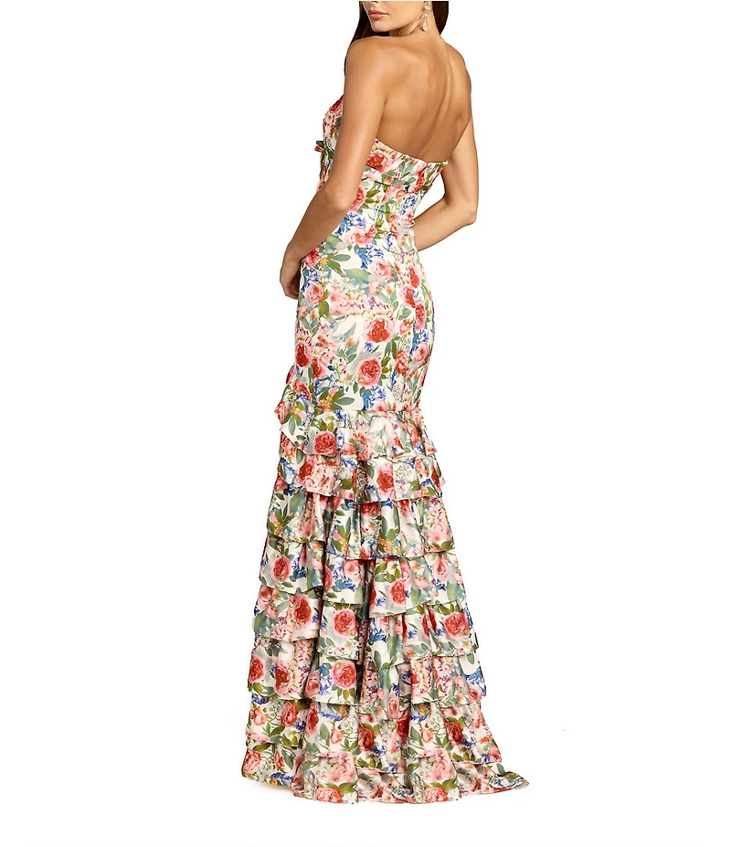 Mac Duggal Strapless Floral Charmeuse Ruffle Gown