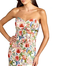 Mac Duggal Strapless Floral Charmeuse Ruffle Gown