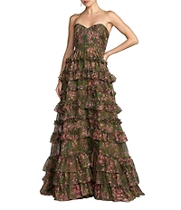 Mac Duggal Strapless Floral Chiffon ball Gown With Ruffles
