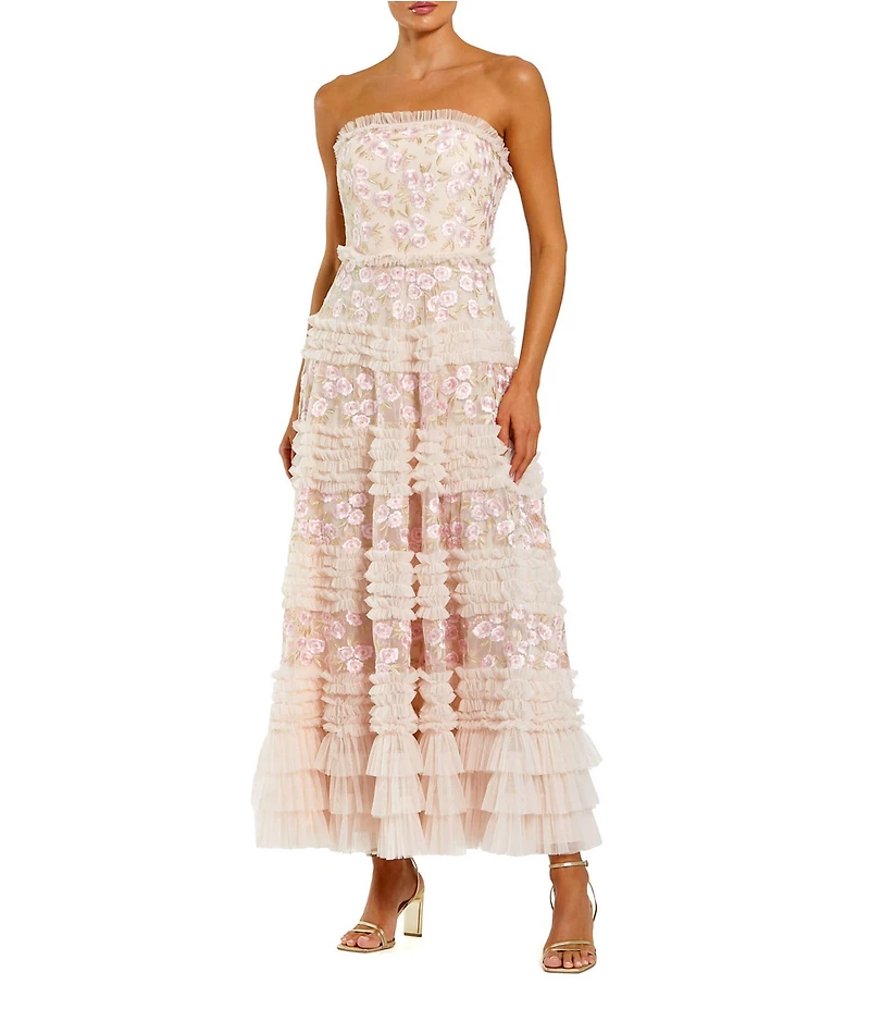 Mac Duggal Strapless Floral Embroidered Mesh Ruffle Midi Dress