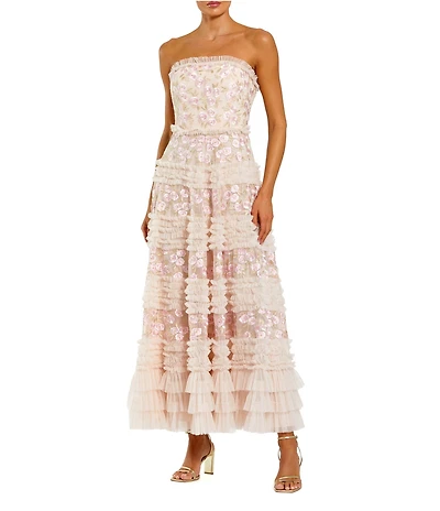 Mac Duggal Strapless Floral Embroidered Mesh Ruffle Midi Dress