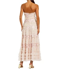 Mac Duggal Strapless Floral Embroidered Mesh Ruffle Midi Dress