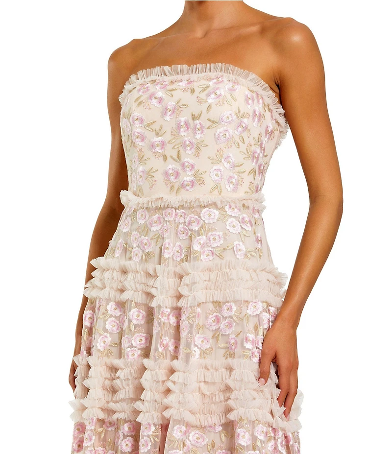 Mac Duggal Strapless Floral Embroidered Mesh Ruffle Midi Dress
